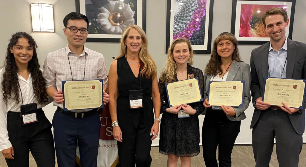 UofA & Mayo Clinic Resident Presenters: Namita Natalie Lopes, MD, Jiping Zeng, MD, (with President Mitzi Barmatz, MD) Ava Delu, MD, Adi Durant, MD, and Kevin Wymer, MD
