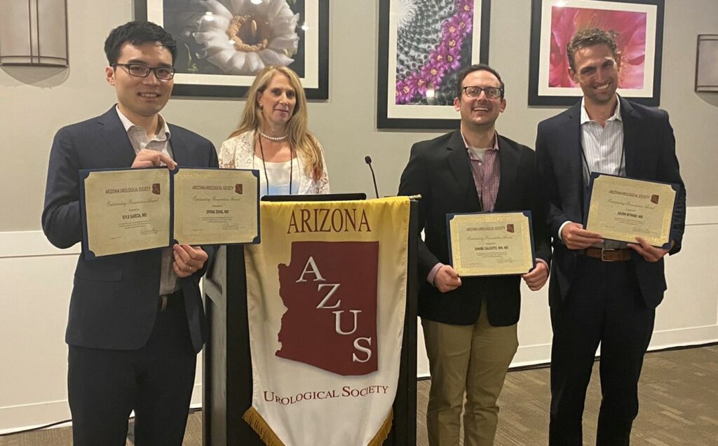UofA & Mayo Clinic Resident Presenters: Jiping Zeng, MD (also holding Kyle Garcia, MD Certificate), (with President Mitzi Barmatz, MD), Daniel Salevitz, MD, and Kevin Wymer, MD